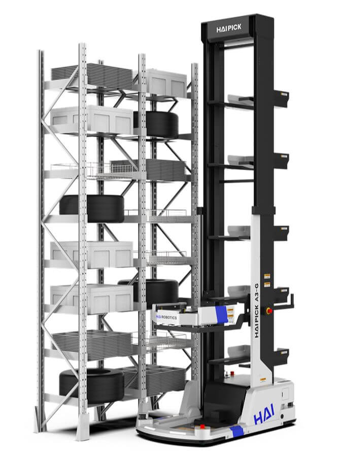 HaiPick A3 fork-lifting robot with 5-level shelf access
