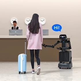 Pudu FlashBot Arm performing autonomous delivery in a hotel lobby