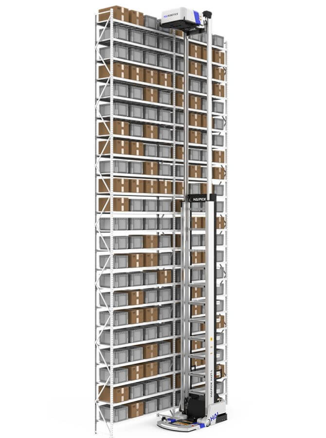 HAIPICK A42T AMR navigating narrow aisles in vertical storage