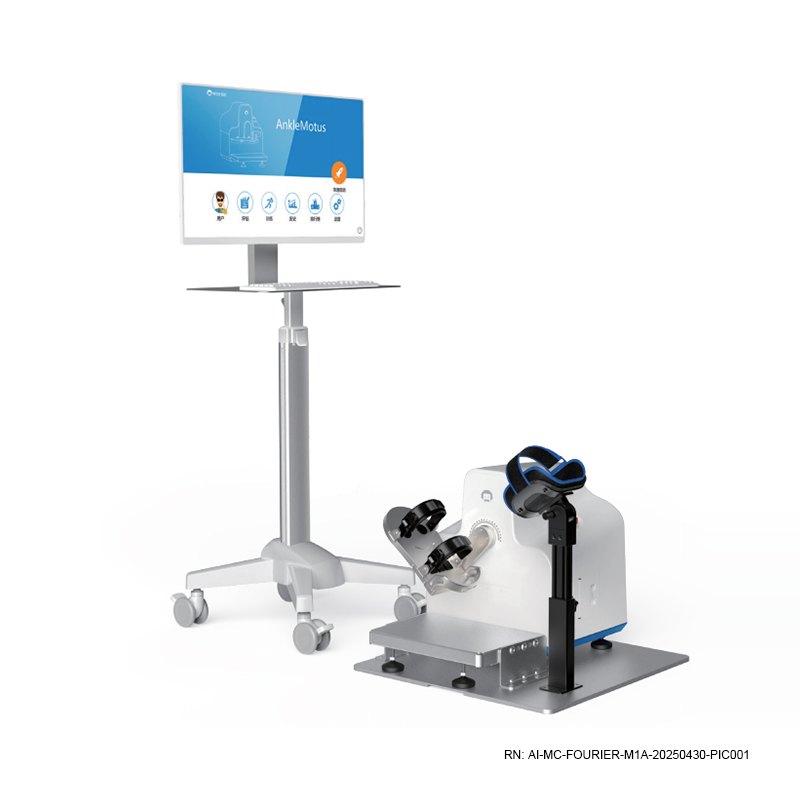AnkleMotus M1A robotic ankle rehabilitation device in clinical use with seated patient and therapist monitoring