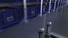 Goods-to-person robot handling totes in high-density racking